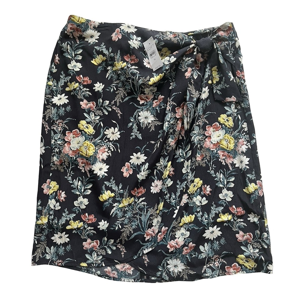 NWT LOFT Women's Size 14 Dark Blue Floral Wrap Skirt Midi Tie Career Formal
